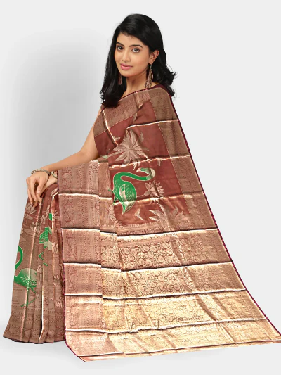 Rose Gold Soft Silk Saree with Leaf Green Crane Motif