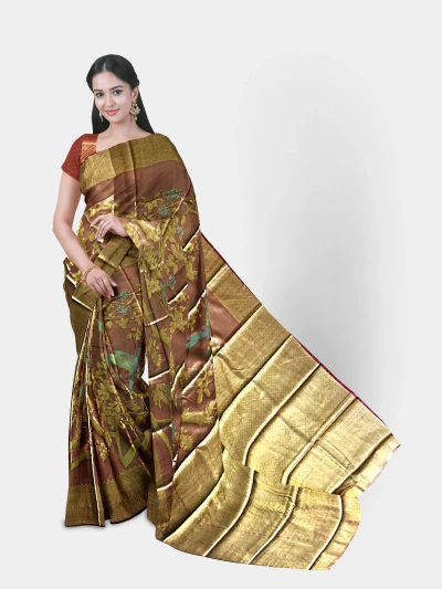 Mauve Rose Gold Soft Silk Saree with Aqua Green Hummingbird Motif