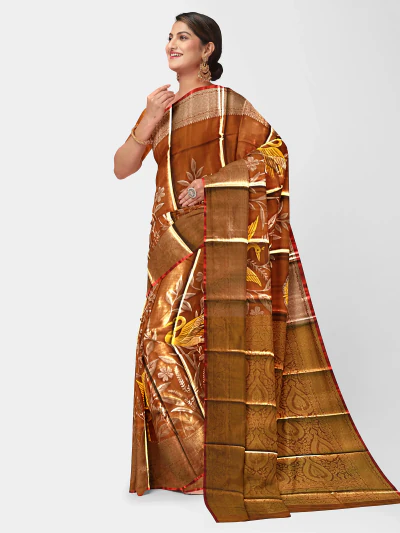 Burnt Orange Saree with Mustard Yellow Crane Motif