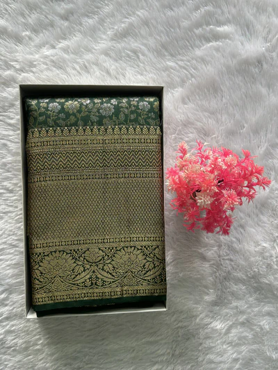 Dark Olive Green with Silver Gold Zari - 1228