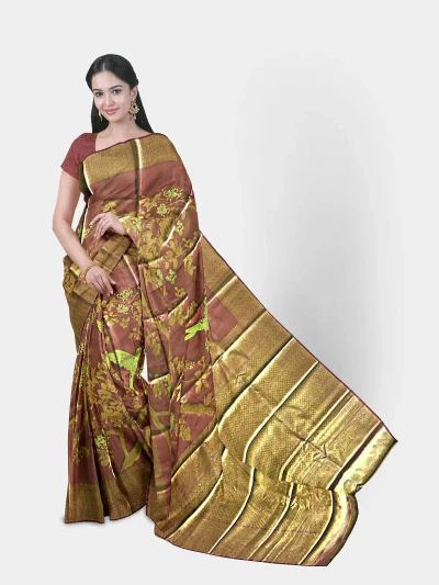 Mauve Rose Gold Soft Silk Saree with Leaf Green Hummingbird Motif