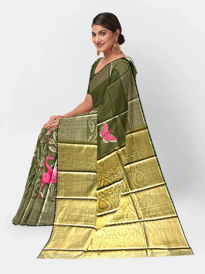 Olive Green Saree with Pink Crane Motif