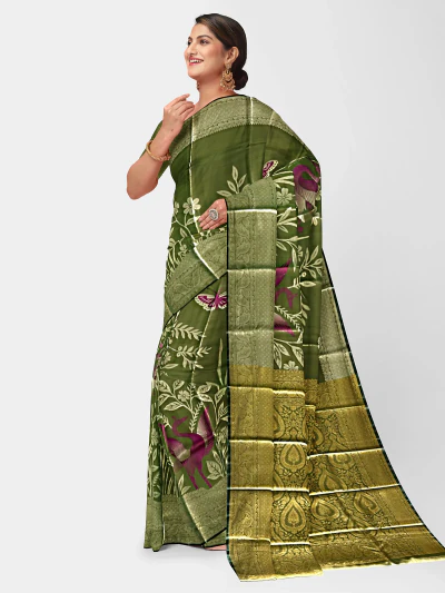 Sage Green Saree with Royal Purple Crane Motif
