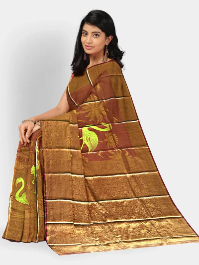 Rose Gold Soft Silk Saree with Sea Green
