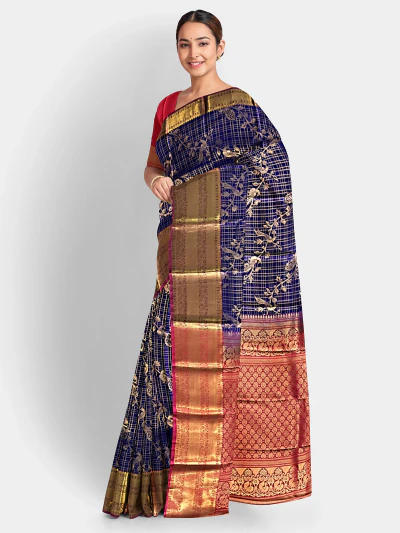 Royal Purple Soft Silk Saree with Golden Bird Vine Motif