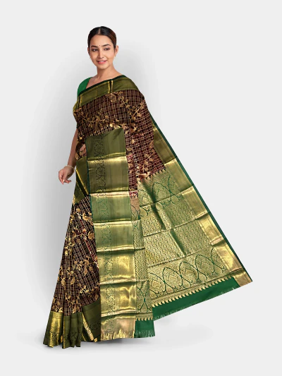 Coffee Brown Soft Silk Saree with Golden Bird Vine Motif