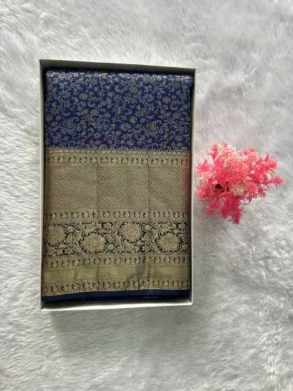 Navy Blue with Siver and Gold Zari - 1215