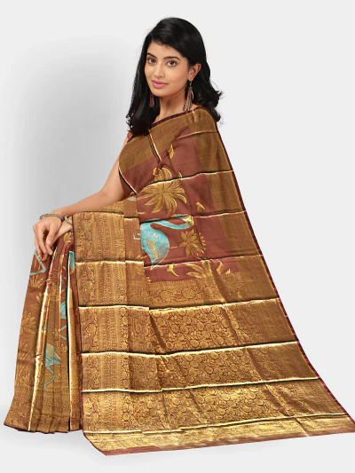 Rose Gold Soft Silk Saree with Sky Blue Crane Motif
