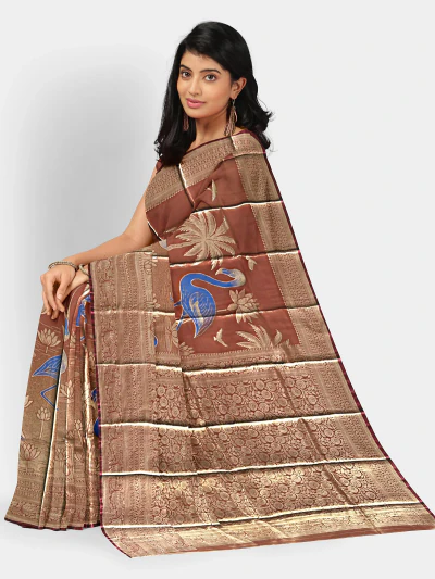 Rose Gold Soft Silk Saree with Royal Blue Crane Motif
