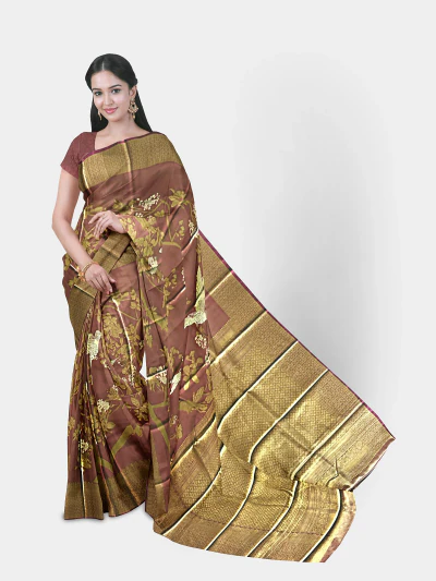Mauve Rose Gold Soft Silk Saree with White Hummingbird Motif